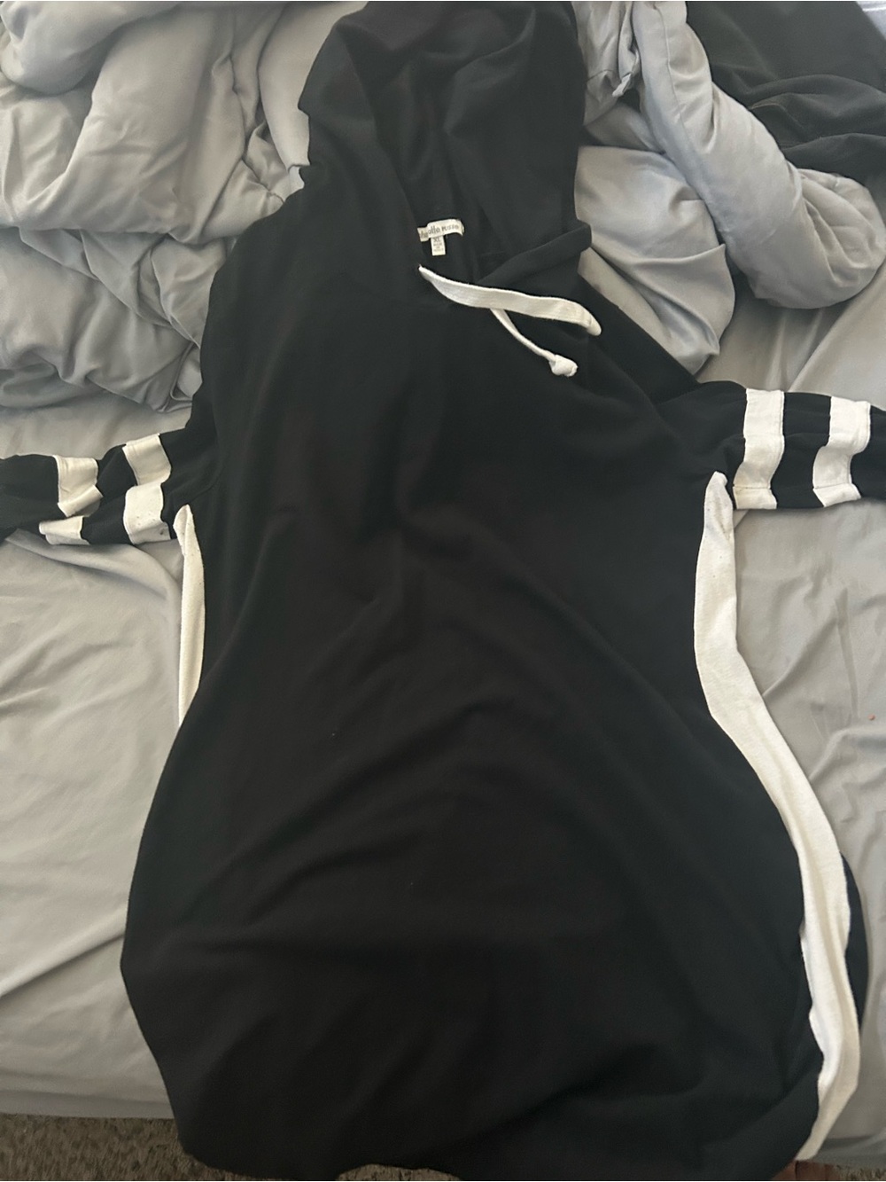 Black Hoodie Dress with White Stripe Accents